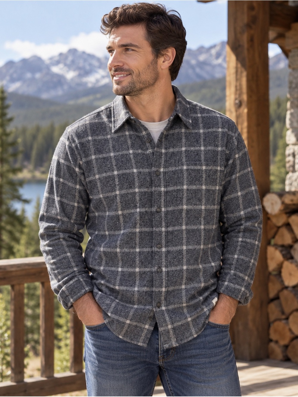 Free Planet Men’s Plaid Flannel Shirt Large Gray Outdoor Hiking Eco Friendly
